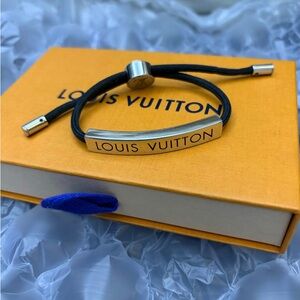 Louis Vuitton Black Cord Silver-Tone Signature Bar Bracelet